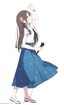 1girl :o arm_up belt blue_overskirt blue_skirt blunt_ends bracelet breasts brown_belt brown_eyes brown_hair collared_shirt commentary floral_print floral_print_skirt from_side full_body gakuen_idolmaster highres holding holding_microphone idolmaster jewelry kuramoto_china laurels light_blush long_hair long_skirt looking_up medium_breasts microphone open_mouth overskirt parted_bangs print_skirt shirt shirt_tucked_in shoes short_sleeves sidelocks simple_background skirt solo standing straight_hair symbol-only_commentary teeth tntl_nemui turtleneck turtleneck_shirt upper_teeth_only very_long_hair white_background white_shirt white_shoes wire