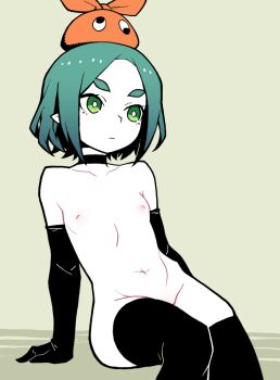 1girl akableak aqua_hair black_choker black_gloves black_thighhighs bright_pupils choker closed_mouth collarbone elbow_gloves expressionless flat_chest gloves green_background green_eyes groin hair_ornament hikimayu loli looking_to_the_side monogatari_(series) navel nipples ononoki_yotsugi pale_skin pointy_ears rabbit_hair_ornament short_hair simple_background sitting solo stomach thighhighs topless_female white_pupils
