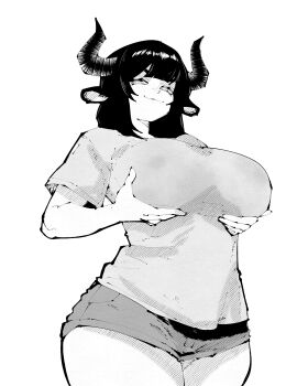 1girl absurdres animal_ears breast_lift breasts closed_mouth cowboy_shot grabbing_own_breast greyscale half-closed_eyes highres horns large_breasts looking_at_viewer miregeist monochrome original parted_bangs shirt short_hair short_shorts short_sleeves shorts simple_background smile smug solo t-shirt white_background