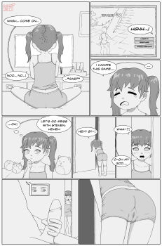 1boy 1girl absurdres ass bed brother_and_sister cameltoe comic english_text erection greyscale hetero highres legs loli long_hair long_twintails male_masturbation masturbation monochrome on_bed original penis playing_games shorts siblings sitting speech_bubble stuffed_animal stuffed_toy tank_top thighs twintails wet wet_clothes xerodark30