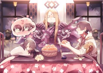 1other armor asahi_sas_brutus commission commissioner_upload cup drinking final_fantasy final_fantasy_xiv food fruit garlean highres holding holding_cup japanese_clothes kotatsu multiple_boys orange_(fruit) second-party_source sikiso_soso skeb_commission sleeping sparkle sparkling_aura table warrior_of_light_(ff14) yunomi zenos_yae_galvus