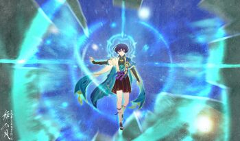 1boy absurdres anemo_symbol_(genshin_impact) arm_at_side armor belt black_belt black_bodysuit black_bow black_bridal_gauntlets black_hair black_sandals black_shorts blue_background blue_cape blue_gem blue_halo blue_kimono blue_sleeves blunt_ends bodysuit bow breaking bridal_gauntlets bright_pupils cape chinese_text commentary_request covered_collarbone eyeliner feathers floating full_body furisode gem genshin_impact glowing_markings gold hakama hakama_shorts halo halo_behind_head hand_up highres hole japanese_armor japanese_clothes juban kimono kote kurokote layered_sleeves leg_warmers levitation looking_at_viewer makeup male_focus mandala mandarin_collar open_clothes open_hands open_kimono outstretched_arm pleated_shorts pom_pom_(clothes) purple_eyes purple_rope purple_sash red_eyeliner rope sandals sash scaramouche_(genshin_impact) shixinfeng short_sleeves shorts shoulder_peek signature solo straight-on tassel toeless_legwear toes translation_request tsurime variant_set vision_(genshin_impact) wanderer_(genshin_impact) white_kimono white_leg_warmers white_pupils white_sleeves white_trim wind wispy_bangs yellow_feathers zouri