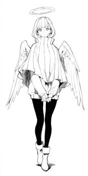 1girl angel angel_wings blunt_bangs boots capelet curly_hair expressionless feathered_wings halo highres jujutsu_kaisen kurusu_hana leggings long_sleeves looking_at_viewer medium_hair monochrome raised_eyebrows solo sweater thigh_gap turtleneck turtleneck_sweater white_background wings