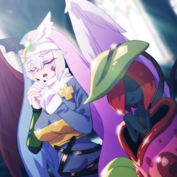 Rule 34 | absurdres, angel, angel wings, blush, closed eyes, commission, cosplay, cross, darcmon, darcmon (cosplay), demon wings, digimon, digimon (creature), fakemon, fallen angel, fusion, gerusyu, green eyes, highres, hippogriffomon, lahja svanbaeck (lotta svaerd), lotta svaerd: women of war, monster girl, murmukusmon, murmukusmon (cosplay), nintendo, nun, oridigi, original, pitcher plant, pixiv commission, plant, plant girl, pokemon, pokemon (creature), praying, saintdarcmon, silver hair, sistermon blanc, sistermon blanc (cosplay), sistermon ciel, sistermon ciel (cosplay), smile, white hair, wings