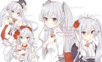 1girl artist_name black_hat breasts cleavage_cutout clothing_cutout commentary_request dress flower grey_eyes hair_flower hair_ornament hat head_wreath holding holding_own_hair long_hair maid maid_headdress mini_hat mini_top_hat multiple_views shiro_snow simple_background sinoalice small_breasts snow_white_(sinoalice) top_hat twintails twintails_day white_background white_dress white_hair