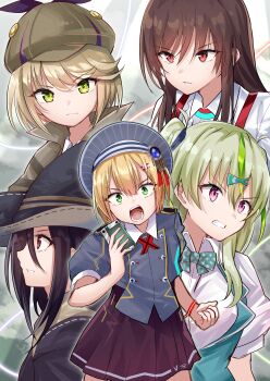 Rule 34 | 5girls, absurdres, black hair, blonde hair, bow, bowtie, brown hair, clenched teeth, closed mouth, coat, collared shirt, commentary request, green bow, green eyes, green hair, hair between eyes, hair ornament, hairclip, hat, heaven burns red, highres, holding, irene redmayne, jacket, long hair, maruyama kanata, multicolored hair, multiple girls, ooshima isuzu, open mouth, parted lips, phone, pleated skirt, puffy short sleeves, puffy sleeves, purple eyes, red eyes, ribbon, rrtp, school uniform, shirt, short hair, short sleeves, skirt, streaked hair, suspender skirt, suspenders, teeth, tenne miko, v-shaped eyebrows, white shirt, witch hat, yanagi mion, yellow eyes