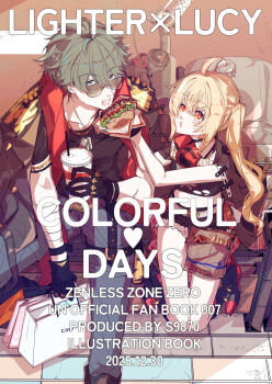 1boy 1girl bag bandaged_arm bandages black_boots black_gloves black_jacket black_shirt black_shorts blonde_hair blue_pants boots burger character_name collarbone comiket_107 commentary_request cover cover_page crop_top dog_tags drink drinking_straw english_text feeding food food_in_mouth french_fries fur-trimmed_shorts fur_trim gloves green_eyes green_hair hair_between_eyes half_gloves holding holding_bag holding_burger holding_drink holding_food jacket jacket_on_shoulders leather leather_jacket lighter_(zenless_zone_zero) long_hair looking_at_another looking_at_viewer looking_over_eyewear luciana_de_montefio mask mask_around_neck micro_shorts motor_vehicle motorcycle nanawo open_mouth outdoors pants red_eyes red_scarf respirator scarf shirt shopping_bag short_hair shorts shoulder_spikes side_ponytail sitting spiked_jacket spikes studded_gloves sunglasses torn_clothes torn_shirt zenless_zone_zero