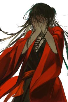 1boy black_hair black_hanfu bone chinese_clothes chinese_commentary coat covering_face cowboy_shot dao_gui_yi_xian exposed_bone floating_hair hair_between_eyes hair_bun hands_on_own_face hands_up hanfu highres li_huowang long_hair long_sleeves looking_at_viewer male_focus messy_hair red_coat red_eyes red_sash ribs robe sash simple_background single_hair_bun skeletal_body skeleton solo very_long_hair white_background wide-eyed wide_sleeves womumumu