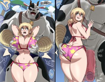 1boy 1girl 2koma ass bikini blonde_hair breasts brown_eyes captain_kirb comic covered_erect_nipples day embarrassed fairy_tail furry furry_male grabbing_another&#039;s_ass grabbing_another&#039;s_breast grabbing_from_behind groping hand_tattoo hetero huge_ass huge_breasts large_penis looking_at_another looking_back looking_up low_twintails lucy_heartfilia medium_hair minotaur multicolored_bikini navel nervous nervous_smile open_mouth outdoors paid_reward_available penis pink_bikini red_bikini scared short_twintails side-tie_bikini_bottom size_difference smile swimsuit tattoo taurus_(fairy_tail) teeth tongue twintails uncensored upper_teeth_only wide_hips yellow_bikini