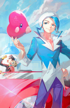 2boys beret blue_eyes blue_hair blue_shirt brendan_(pokemon) closed_mouth cloud commentary_request dated day feebas gen_3_pokemon hand_on_own_hip hat highres kado_51 looking_to_the_side luvdisc male_focus multiple_boys nintendo outdoors pants pokemon pokemon_(creature) pokemon_adventures purple_pants shirt short_hair signature sky smile sparkle wallace_(pokemon) white_hat