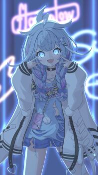 Rule 34 | 1girl, :d, ahoge, backlighting, black choker, blue eyes, blue hair, blue shirt, blue shorts, blunt bangs, braid, braided twintails, center-flap bangs, choker, clothes writing, commentary request, double-parted bangs, double inward v, fang, hair flaps, hair ornament, highres, hololive, hololive dev is, jacket, legs apart, lightning ahoge, long hair, long sleeves, looking at viewer, low twin braids, low twintails, mizuhi kou, mizumiya su, mizumiya su (1st costume), multicolored hair, neon lights, o-ring, o-ring choker, open mouth, overexposure, pink streaks, shirt, short shorts, shorts, smile, solo, streaked hair, thigh strap, torn clothes, torn shirt, twin braids, twintails, virtual youtuber, white jacket, x hair ornament