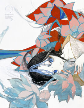 1girl absurdres bare_shoulders black_hair blue_eyes blue_hair collarbone colored_skin commentary_request eyelashes eyeliner eyeshadow floral_print flower highres holding holding_flower japanese_clothes kimono kimono_pull looking_at_viewer lotus makeup multicolored_hair original parted_lips print_kimono red_eyeliner red_nails shiguretau solo traditional_media two-tone_hair white_skin yellow_eyeshadow