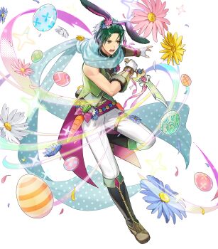 Rule 34 | 1boy, animal ears, attack, belt, black boots, black hairband, black pants, black shirt, blue scarf, boots, carrot, commentary request, dagger, easter egg, egg, fake animal ears, fighting stance, fingerless gloves, fire emblem, fire emblem: path of radiance, fire emblem: radiant dawn, fire emblem heroes, flower, gloves, green hair, green jacket, green vest, hairband, highres, holding, holding dagger, holding knife, holding weapon, jacket, knife, nintendo, non-web source, official alternate costume, official art, open mouth, pants, rabbit ears, scarf, shirt, sleeveless, solo, sothe (fire emblem), sothe (in the breeze) (fire emblem), tsunakawa, vest, weapon, white gloves, yellow eyes