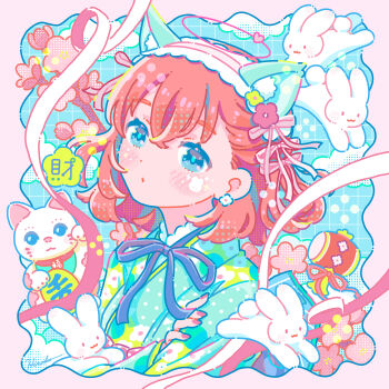 1girl animal_ear_hairband animal_ears blue_eyes cat_ears fake_animal_ears hair_ribbon hairband highres hiro046k japanese_clothes kimono looking_at_viewer maneki-neko medium_hair miracle_mallet neck_ribbon original rabbit red_hair ribbon solo