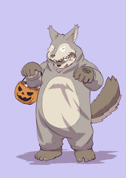 1boy absurdres animal_costume animal_ear_fluff animal_ears animal_hood barefoot belly blue_eyes blush bone brown_fur candy claw_pose claws commentary_request dog_boy dog_ears animal_nose dog_tail facial_scar fang fat fat_man floral_print food furry furry_male halloween halloween_costume highres holding holding_pumpkin hood hood_up inutora08 looking_at_viewer male_focus moritaka_(housamo) notched_ear one_eye_covered open_mouth peony_print pumpkin purple_background scar scar_on_cheek scar_on_face scar_on_nose smile tail thick_eyebrows tokyo_houkago_summoners wolf_costume
