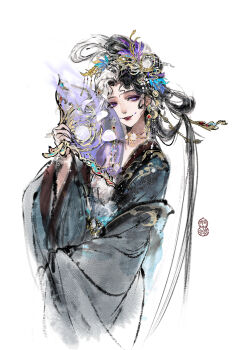 Rule 34 | 1girl, bead necklace, beads, black hair, black robe, chinese clothes, chinese commentary, choker, commentary request, crescent, crescent hair ornament, cropped legs, dress, eyelashes, eyeliner, feather hair ornament, feathers, fire, flaming object, folding fan, hair beads, hair bun, hair flowing over, hair ornament, hair rings, half updo, hand fan, happy, highres, holding, holding fan, infinity nikki, jewelry, lipstick, long hair, long sleeves, makeup, moon phases, multicolored hair, necklace, nikki (series), nostrils, parted lips, purple eyeliner, purple eyes, purple fire, realistic, red lips, robe, sasora, signature, simple background, single bare shoulder, single hair bun, smile, solo, split-color hair, straight hair, strapless, strapless dress, two-tone hair, very long hair, where wanxiang weaves life (infinity nikki), white background, white dress, white hair, wide sleeves