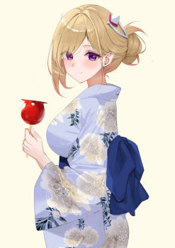 Rule 34 | 1girl, aki rosenthal, alternate costume, alternate hairstyle, blonde hair, blush, breasts, candy apple, commentary request, food, hair bun, hair ornament, haro art, headgear, highres, hololive, japanese clothes, kimono, large breasts, long hair, purple eyes, smile, solo, virtual youtuber, yukata