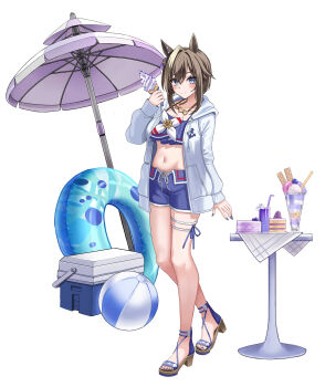 1girl animal_ears ball beachball bikini bikini_shorts blue_bikini blue_eyes blue_nails blue_swim_trunks blush braid breasts brown_hair cake cheval_grand_(summer_calm_navy_drop)_(umamusume) cheval_grand_(umamusume) closed_mouth collarbone commentary_request cooler cup drinking_glass food hair_between_eyes heart heart_necklace highres holding holding_ice_cream_cone hood hooded_jacket horse_ears horse_girl horse_tail ice_cream_cone innertube jacket jewelry looking_at_viewer medium_hair multicolored_hair navel necklace official_alternate_costume official_alternate_hairstyle open_clothes open_jacket parfait sandals seemu_(wnslqjdignv_) shorts simple_background smile solo stomach streaked_hair swim_ring swimsuit table tail tropical_drink umamusume umbrella white_background white_hair white_jacket white_streaks