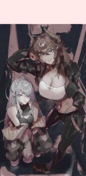 Rule 34 | 2girls, ahoge, baggy pants, bare shoulders, black jacket, black shirt, breasts, cleavage, cleavage cutout, clothing cutout, commentary, dragon girl, dragon horns, elbow gloves, english commentary, eyepatch, general geega, gloves, grey hair, highres, horns, jacket, large breasts, long hair, looking at viewer, lowleg, lowleg pants, multiple girls, pants, pointy ears, red eyes, red hair, shirt, sleeplessrhythm, smile, sports bra, squatting, tight clothes, tight pants, toothpick, virtual youtuber, vshojo, white sports bra, yellow eyes, zentreya