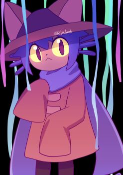 1other :&lt; androgynous animal_hat black_background brown_coat brown_eyes brown_hat cat_hat child closed_mouth coat colored_sclera cowboy_shot dot_nose hat highres ja6m6 long_sleeves looking_at_viewer medium_hair niko_(oneshot) oneshot_(game) other_focus purple_hair purple_scarf scarf sleeves_past_fingers sleeves_past_wrists solo streamers twitter_username yellow_sclera