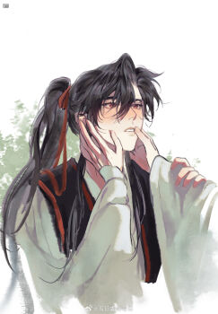 2boys black_hair black_hanfu blush chinese_clothes grey_shirt hair_between_eyes hair_ribbon hand_on_another&#039;s_arm hands_on_another&#039;s_cheeks hands_on_another&#039;s_face hanfu highres lan_wangji long_hair long_sleeves male_focus modao_zushi multiple_boys official_alternate_costume out_of_frame parted_lips ponytail pov pov_hands red_eyes red_ribbon ribbon robe shirt solo_focus upper_body watermark wei_wuxian wei_wuxian_(yunmeng_clan) weibo_watermark white_background white_hanfu wide_sleeves xue_ding_ka_fei_du_wei yaoi
