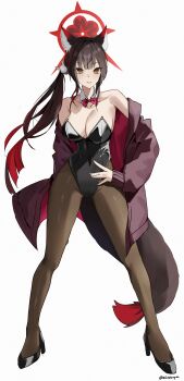 1girl absurdres alternate_costume animal_ear_fluff animal_ears black_jacket black_leotard blue_archive bow bowtie colored_inner_hair commentary covered_navel detached_collar eyeshadow fox_ears fox_girl fox_tail full_body halo hand_on_own_hip highleg highleg_leotard highres jacket legs legs_apart leotard makeup multicolored_hair open_clothes open_jacket pantyhose playboy_bunny red_eyeshadow red_halo side_ponytail solo strapless strapless_leotard tail udonpan wakamo_(blue_archive) white_background yellow_eyes