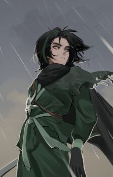 1boy absurdres animification arms_at_sides bags_under_eyes belt black_cape black_eyes black_gloves black_hair cape closed_mouth commentary_request cowboy_shot dougi frown gloves green_belt green_pants green_streaks highres korean_commentary long_sleeves looking_to_the_side male_focus morro multicolored_hair ninja_dung222 ninjago outdoors pants parted_bangs rain short_hair solo standing streaked_hair the_lego_group