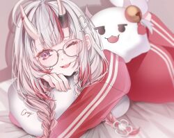 Rule 34 | artist name, bed sheet, blurry, blurry background, braid, commentary request, cray, glasses, gradient hair, hair between eyes, hololive, looking at viewer, low twin braids, lying, multicolored hair, nakiri ayame, nakiri ayame (off-work), on stomach, one eye closed, open mouth, pillow, poyoyo (nakiri ayame), red eyes, red hair, red track suit, streaked hair, twin braids, virtual youtuber, white hair