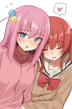 2girls @_@ arm_hug blue_eyes blush bocchi_the_rock! bow bowtie brown_shirt commentary cube_hair_ornament gotoh_hitori hair_ornament heart highres jacket kita_ikuyo kurushiro1102 multiple_girls one_side_up open_mouth pink_jacket red_bow red_bowtie red_hair sailor_collar school_uniform shirt shuka_high_school_uniform simple_background spoken_heart track_jacket white_background white_sailor_collar yuri