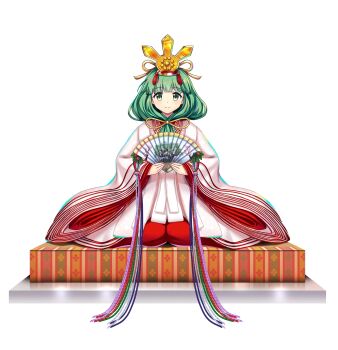 1girl alternate_costume bad_link bonbori_(lighting) cherry_blossom_print cherry_blossoms closed_mouth commentary floral_print flower folding_screen front_ponytail full_body game_cg green_eyes green_hair hair_ornament hand_fan highres holding holding_fan kagiyama_hina kagiyama_hina_(white_hina_doll_of_catharsis) lamp long_sleeves looking_at_viewer medium_hair official_art orange_blossoms pink_flower rotte_(1109) seiza sitting smile solo third-party_source touhou touhou_lostword transparent_background white_flower wide_sleeves