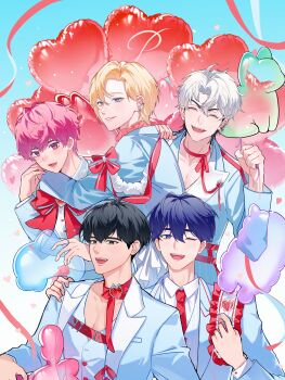 5boys absurdres balloon bamby_(plave) black_eyes black_hair blonde_hair blue_eyes blue_hair bow chest_harness closed_eyes eunho_(plave) hamin_(plave) hand_on_another's_shoulder harness heart_balloon highres holding holding_balloon jacket k-pop kakiharahotaru long_sleeves looking_at_viewer mole mole_under_eye multiple_boys necktie noah_(plave) one_eye_closed open_clothes open_jacket open_mouth pink_eyes pink_hair plave red_bow red_necktie red_ribbon ribbon smile streamers upper_body white_hair yejun_(plave)
