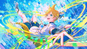 1boy :d aqua_eyes black_shorts blonde_hair bow colorful_palette fingerless_gloves game_cg glitch gloves grey_gloves grey_shoes hair_bow highres kagamine_len kimi_to_sekai_no_hajimari_de_(project_sekai) male_focus official_alternate_costume official_art open_mouth outstretched_arm ponytail project_sekai shirt shoes short_ponytail shorts smile solo spiked_hair teeth third-party_source tongue upper_teeth_only vocaloid white_bow white_shirt