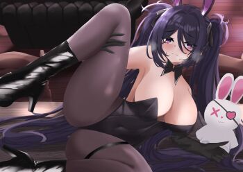 1girl absurdres animal_ears azur_lane bare_shoulders black_boots black_gloves black_hair black_leotard black_pantyhose blush boots breasts cleavage commentary_request detached_collar elbow_gloves embarrassed fake_animal_ears fake_tail frown gloves gluteal_fold high_heel_boots high_heels highleg highleg_leotard highres holding_own_leg huge_breasts large_breasts legs_up leotard long_hair lying messy_hair nervous official_alternate_costume on_side pantyhose playboy_bunny presenting purple_eyes purple_hair rabbit_ears rabbit_tail rei_tuki solo spread_legs strapless strapless_leotard stuffed_animal stuffed_rabbit stuffed_toy sweatdrop tail thigh_strap thighs twintails very_long_hair z11_(azur_lane) z11_(service_sincerity_and_insolvency)_(azur_lane)