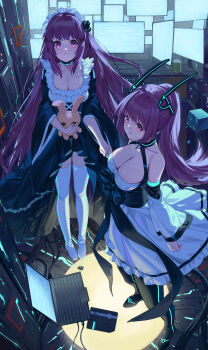 2girls absurdres ame_(2453323719) apron bare_shoulders black_thighhighs breasts cleavage computer dress hair_ornament highres holding_hands jagan laptop large_breasts long_hair looking_at_viewer maid_apron maid_headdress metal_max metal_max_3 monitor multiple_girls naato parted_lips pink_eyes ponytail science_fiction standing stuffed_toy thighhighs thighs very_long_hair white_thighhighs