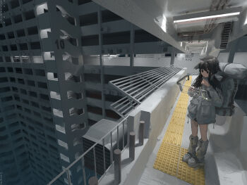 1girl absurdres airfish_(lefko_d) apartment architecture backpack bag black_eyes black_hair ceiling_light closed_mouth commentary condenser_unit expressionless film_grain grey_leg_warmers grey_shoes high_up highres holographic_interface holographic_touchscreen industrial_pipe leg_warmers long_hair looking_at_screen original railing scenery shoes solo stairs standing tactile_paving wide_shot