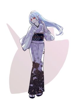 1girl azuma_sawayoshi commentary_request expressionless full_body highres japanese_clothes kimono lolibaba long_hair looking_to_the_side original pointy_ears red_eyes sandals solo tabi white_hair zouri