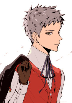 Rule 34 | 1boy, black jacket, black ribbon, brown gloves, collared shirt, commentary request, gekkoukan high school uniform, gloves, grey eyes, grey hair, highres, holding, holding jacket, holding unworn clothes, jacket, jacket over shoulder, looking at viewer, male focus, neck ribbon, persona, persona 3, red sweater vest, ribbon, sanada akihiko, school uniform, shirt, short hair, simple background, solo, sweater vest, tamame 7777, unworn jacket, upper body, white background, white shirt