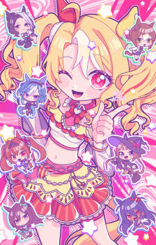 Rule 34 | 6+girls, absurdres, admire groove (umamusume), ahoge, animal ears, artist name, black hair, blonde hair, blunt bangs, blush, chibi, commentary request, daiwa scarlet (umamusume), fine motion (umamusume), fusaichi pandora (umamusume), hair ornament, highres, hishi amazon (umamusume), horse ears, horse girl, long hair, looking at viewer, mejiro dober (umamusume), mejiro ramonu (umamusume), multiple girls, navel, one eye closed, open mouth, red eyes, sweep tosho (umamusume), syu x, umamusume