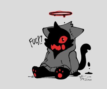 animal_ears animal_hands artist_name artist_self-insert black_halo cat_ears cat_paws cat_tail colored_sclera english_text full_body grey_background grey_hoodie halo hood hood_up hoodie original profanity red_halo red_sclera signature simple_background sitting tail za1f0n