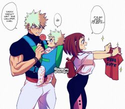 1girl 2boys baby baby_carrier backpack bag bakugou_katsuki blonde_hair boku_no_hero_academia breasts brown_eyes brown_hair candy dimples ear_piercing earrings father_and_son food glasses height_difference hetero husband_and_wife if_they_mated jewelry large_breasts medium_hair mother_and_son multiple_boys muscular muscular_male niverins piercing red_eyes ring spiked_hair uraraka_ochako