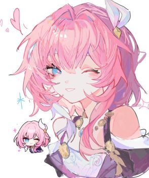 1girl ;) blue_eyes breasts chibi chibi_inset coat cyrene_(aedes_elysiae)_(honkai:_star_rail) cyrene_(honkai:_star_rail) dress hair_ornament heart highres honkai:_star_rail honkai:_star_rail_sticker_redraw_(meme) honkai_(series) jewelry large_breasts looking_at_viewer meme necklace nonoko_(1k6sx1encx45226) one_eye_closed pink_hair purple_coat reference_inset smile solo upper_body white_background white_dress