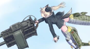 1girl animal_ears ass black_jacket blonde_hair blue_eyes camouflage cannon commentary_request flying garrison_cap hat highres jacket keyboardnoob looking_at_viewer military_uniform original ponytail scowl solo striker_unit ta_183 thighs world_witches_series