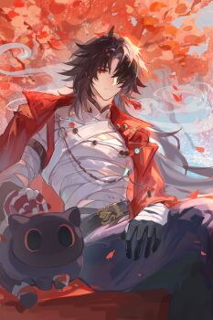 1boy bandaged_arm bandaged_chest bandages belt black_gloves black_hair blade_(elation)_(honkai:_star_rail) blade_(honkai:_star_rail) coat coat_on_shoulders earrings gloves haiju54706 hashtag-only_commentary highres honkai:_star_rail honkai_(series) jewelry leaf male_focus mandarin_collar one_eye_closed red_coat red_eyes single_earring solo tassel tassel_earrings tree wind