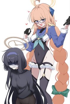 2girls absurdres ahoge amtkmituki aqua_neckerchief arms_behind_back bdsm black_gloves black_hair black_leotard black_thighhighs blindfold blue_archive blue_eyes blue_sailor_collar blue_shrug bondage bound breasts brown_halo commentary_request covered_navel feet_out_of_frame gagged gloves half_gloves halo heart highleg highleg_leotard highres holding holding_riding_crop large_breasts legwear_garter leotard long_hair looking_at_another looking_at_viewer multiple_girls neckerchief official_alternate_costume orange_hair orange_halo riding_crop sailor_collar shimiko_(blue_archive) shimiko_(magical)_(blue_archive) shrug_(clothing) sideboob sidelocks simple_background thighhighs ui_(blue_archive) very_long_hair white_background