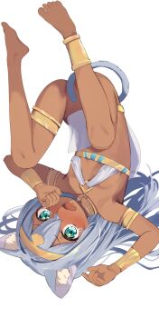 1girl absurdres ancient_egyptian ancient_egyptian_clothes animal_ear_fluff animal_ears anklet armlet bangle barefoot blue_eyes blush bracelet breasts cat_ears cat_tail commentary_request dark-skinned_female dark_skin embarrassed fang feet full_body grey_hair hair_between_eyes highres brown_egyptian_cat-eared_loli_(trend) jewelry loincloth long_hair looking_at_viewer ogaoekaki open_mouth original simple_background skin_fang small_breasts solo tail tail_censor tears thighlet upside-down wavy_mouth white_background