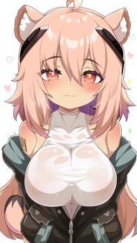 1girl absurdres ahoge animal_ear_fluff animal_ears arknights babalababa barcode barcode_tattoo bare_shoulders black_jacket blush bodysuit breasts bright_pupils closed_mouth commentary_request gravel_(arknights) highres huge_breasts jacket looking_at_viewer medium_hair off_shoulder partially_open_jacket pink_hair red_eyes simple_background sleeveless smile solo sweat tail tattoo upper_body white_background white_bodysuit