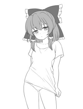 1girl bow clothes_pull collarbone commentary frilled_bow frilled_hair_tubes frills greyscale hair_bow hair_tubes hakurei_reimu highres looking_at_viewer monochrome no_pants panties panty_peek shirt shirt_pull solo standing touhou underwear zenji029