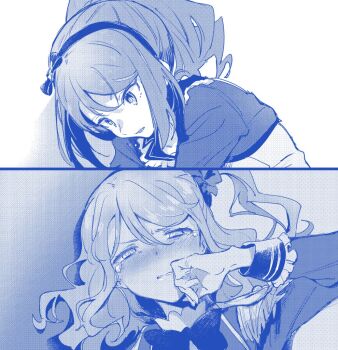 2girls aikatsu!_(series) aikatsu_stars! bad_id bad_twitter_id blush bow crying crying_with_eyes_open drill_hair epaulettes furrowed_brow hair_between_eyes hair_bow hairband hand_on_own_face jacket kasumi_mahiru long_hair long_sleeves monochrome multiple_girls nose_blush one_side_up open_mouth sakuraba_rola shiontaso split_screen tears upper_body yuri