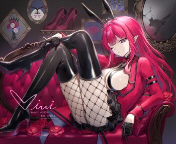 1girl baobhan_sith_(fate) black_skirt boots breasts couch fate/grand_order fate_(series) grey_eyes high_heel_boots high_heels highres jacket large_breasts long_hair long_sleeves looking_at_viewer miniskirt one_eye_closed pink_hair pointy_ears red_jacket sideboob sidelocks siiqa_vivi skirt solo thigh_boots