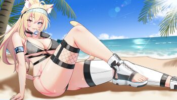 1girl ahoge animal_ear_fluff animal_ears beach bikini black_bikini blonde_hair blue_eyes breasts cleavage collarbone fingerless_gloves foxyevoxy gloves heterochromia highres indie_virtual_youtuber long_hair multicolored_hair naisewow ocean open-toe_shoes palm_tree pink_eyes pink_hair shadow shoes single_fingerless_glove solo streaked_hair swimsuit tail tree virtual_youtuber wet white_shoes